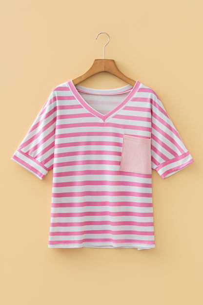 Pink Stripe V Neck Patched Pocket Casual T Shirt - Cowaa
