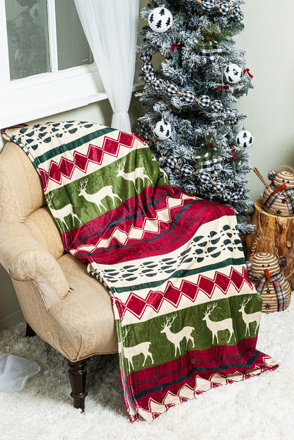 Red Christmas Elk Print Fleece Throw Blanket