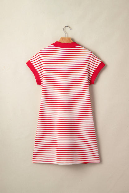 Red Stripe Quarter Zip Polo Collar T Shirt Dress with Pockets