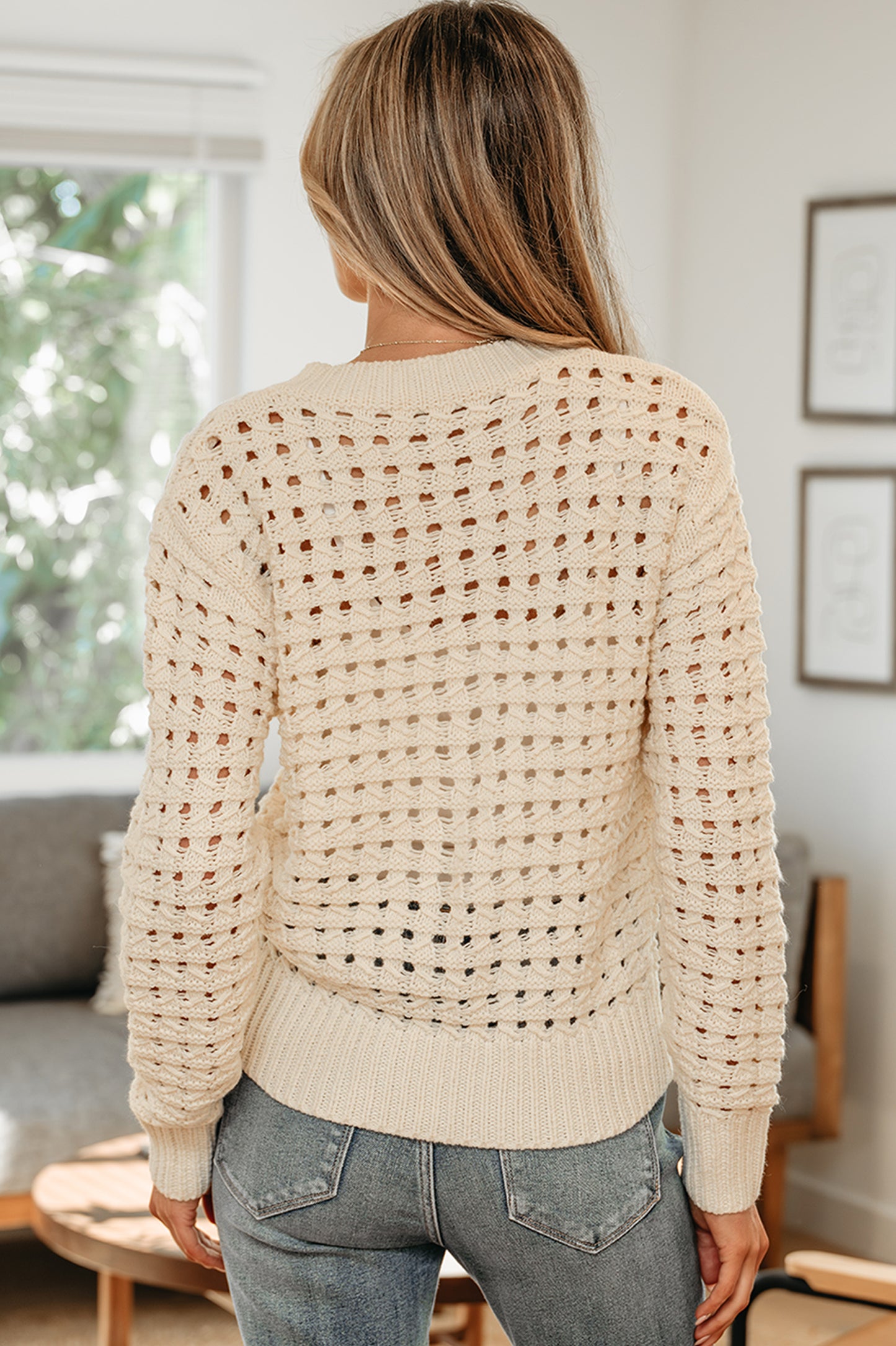Beige Hollowed Pattern Knit Zip Up Drop Shoulder Sweater Cardigan - Cowaa