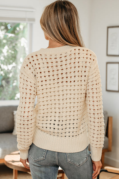Beige Hollowed Pattern Knit Zip Up Drop Shoulder Sweater Cardigan - Cowaa