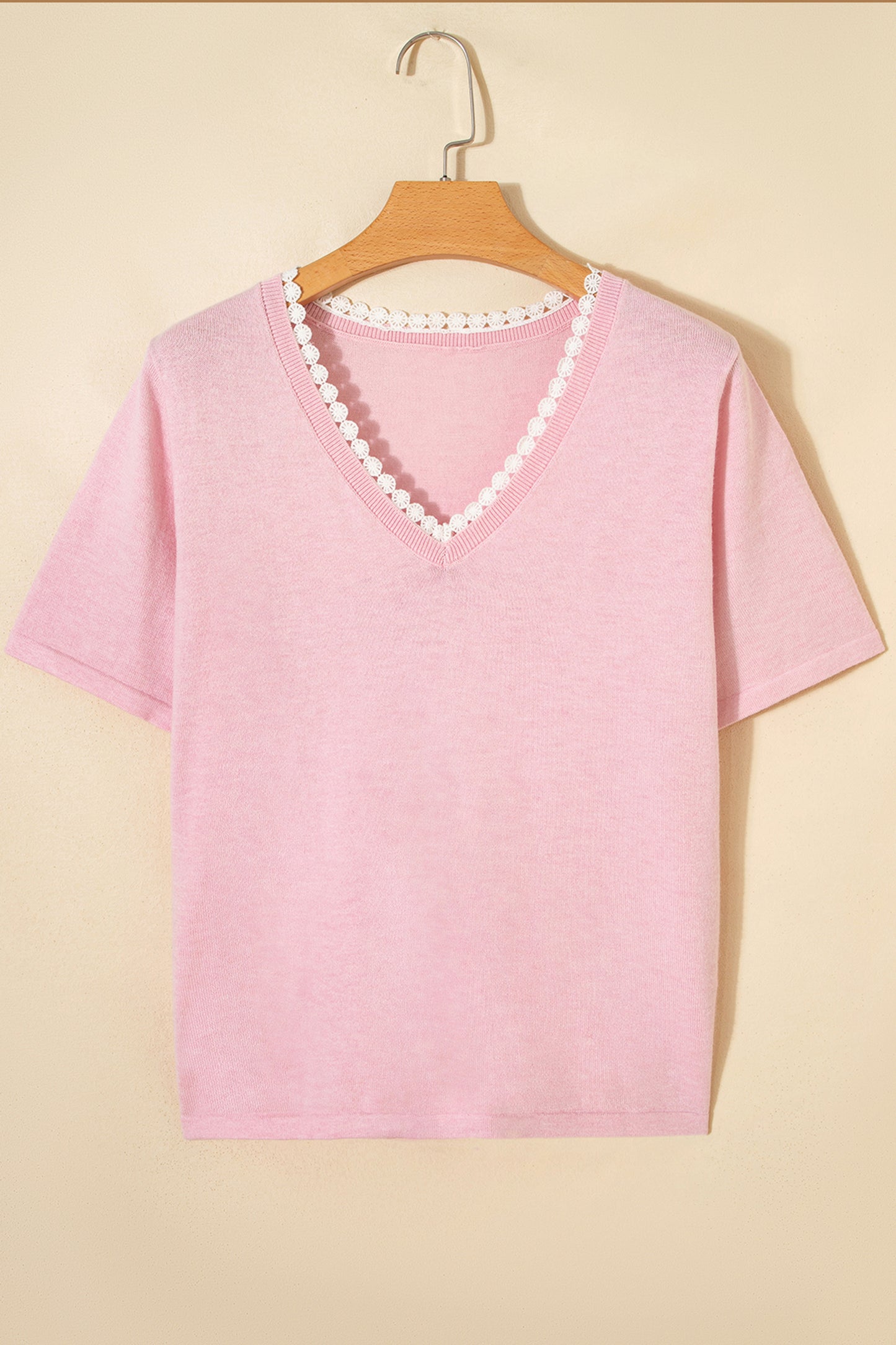 Strawberry Pink Lacy V Neckline Short Sleeve Sweater