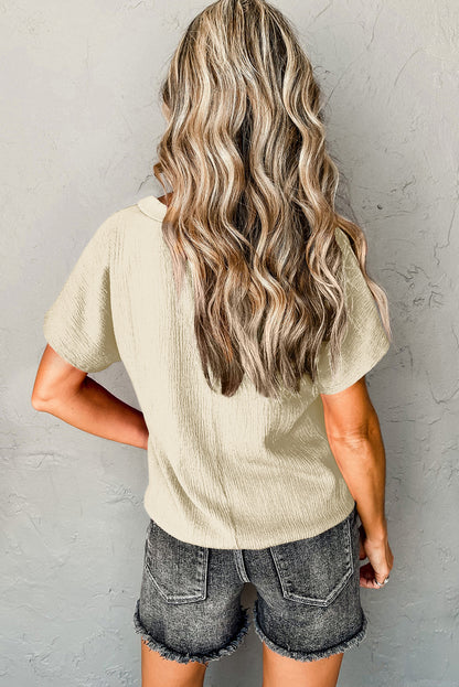 Black Plain Crinkled V Neck Short Sleeve Blouse - Cowaa