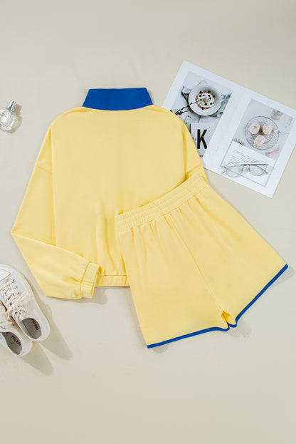 Red Dahlia Colorblock Patchwork Half Button Pullover and Shorts Outfit