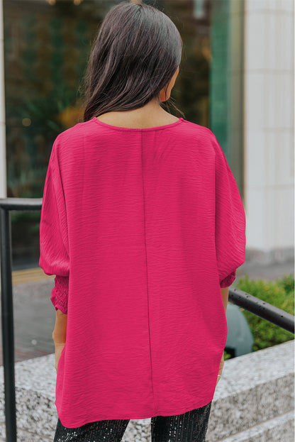 Apricot Solid Casual Smocked Cuffs Batwing Sleeve Blouse - Cowaa