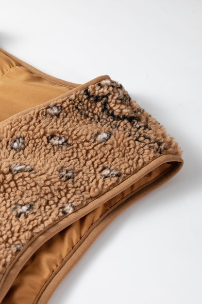 Brown Sherpa Paisley Print Pocketed Western Fashion Vest Jacket - Cowaa