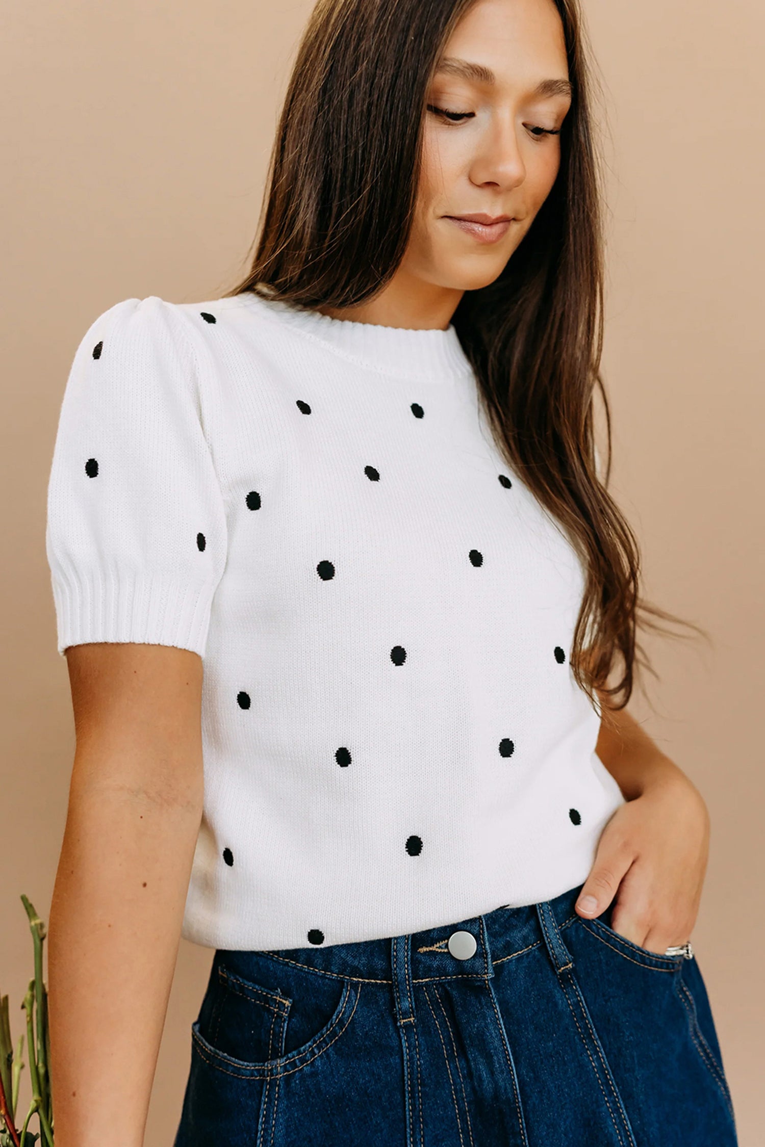 White Elegant Polka Dot Bubble Short Sleeve Sweater - Cowaa