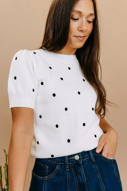 White Elegant Polka Dot Bubble Short Sleeve Sweater - Cowaa