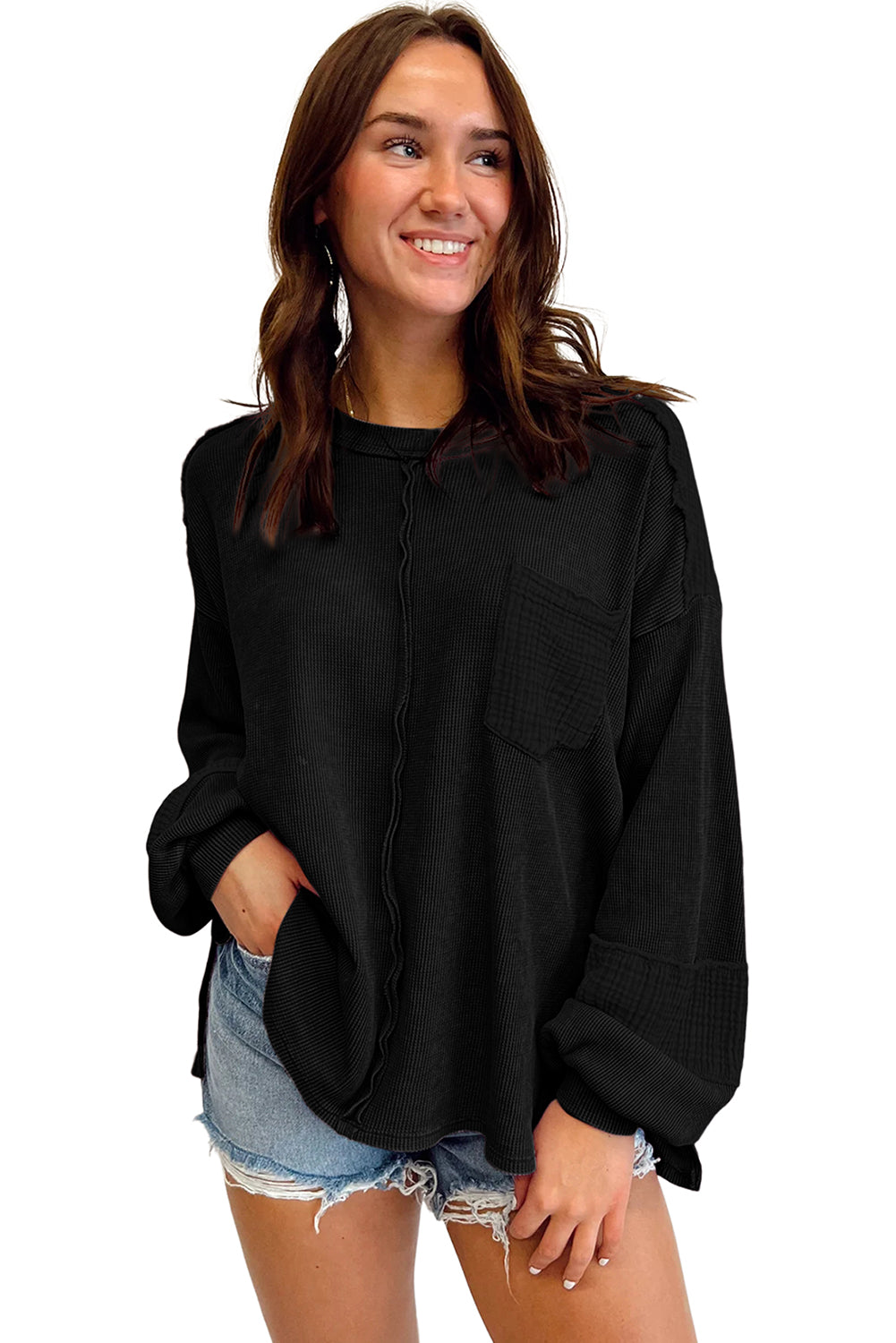 Crinkle Patchwork Long Sleeve Top - Cowaa