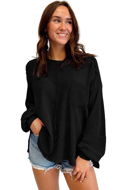 Crinkle Patchwork Long Sleeve Top - Cowaa