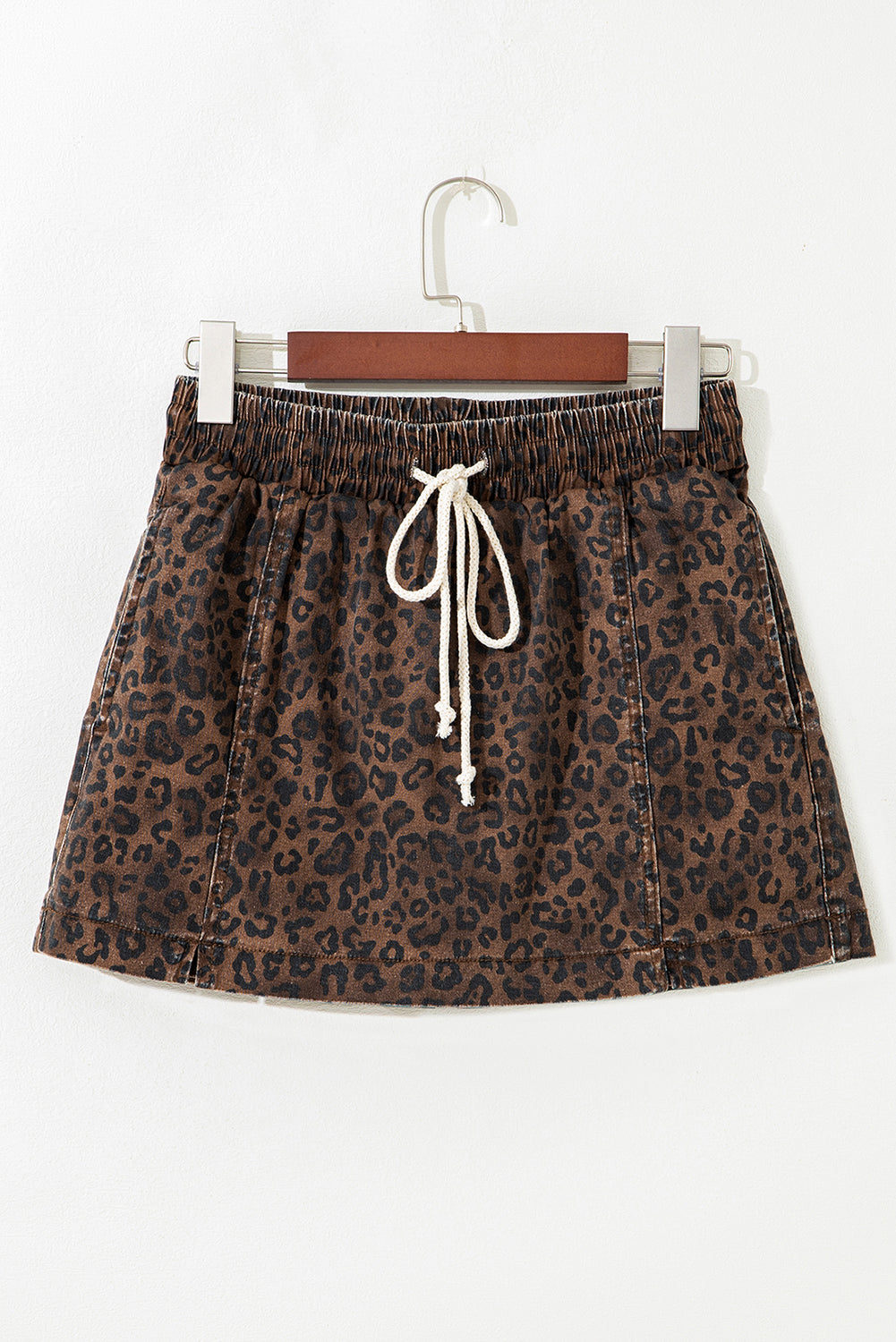 Brown Leopard Print Elastic Waist Drawstring Denim Skort - Cowaa