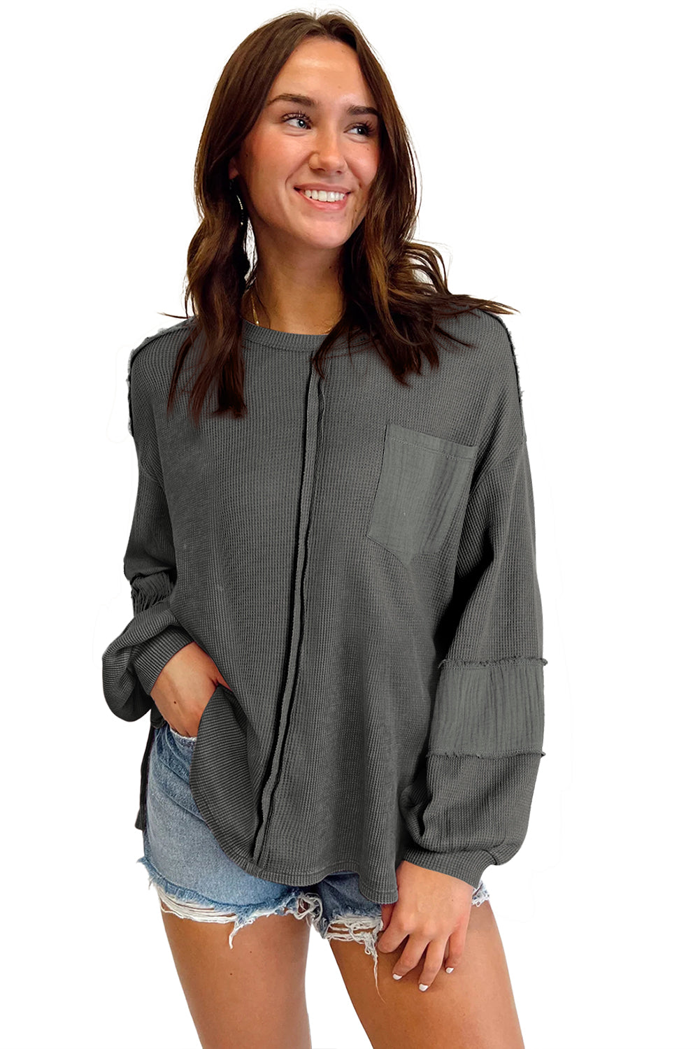Crinkle Patchwork Long Sleeve Top - Cowaa