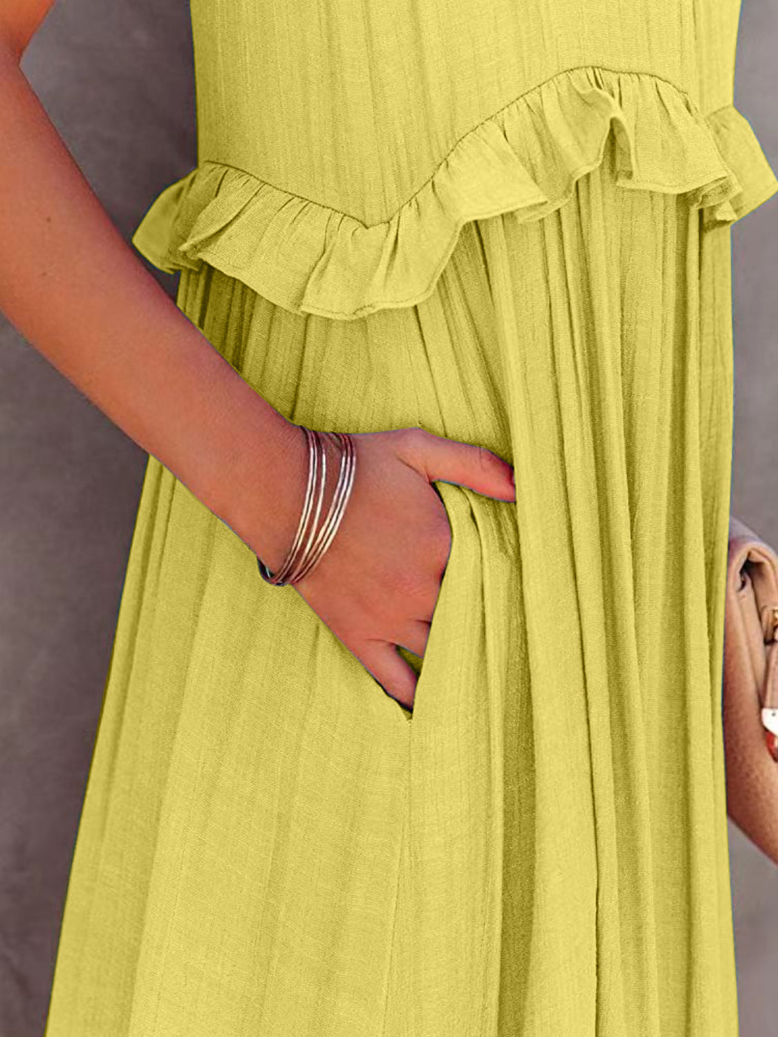 Ruffled Sleeveless Tiered Maxi Dress with Pockets - Cowaa