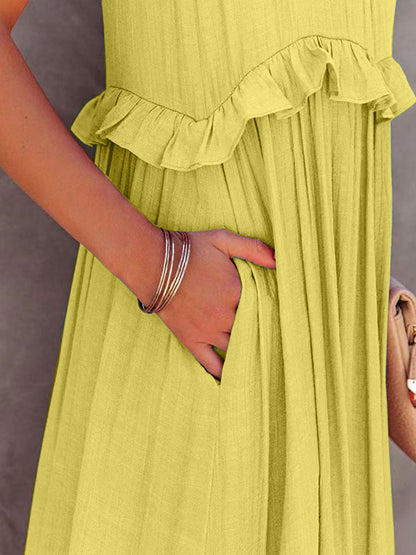 Ruffled Sleeveless Tiered Maxi Dress with Pockets - Cowaa