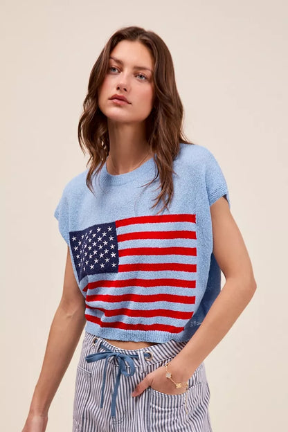 SO ME Fourth Of July American Flag Boxy Fit Sweater Top.