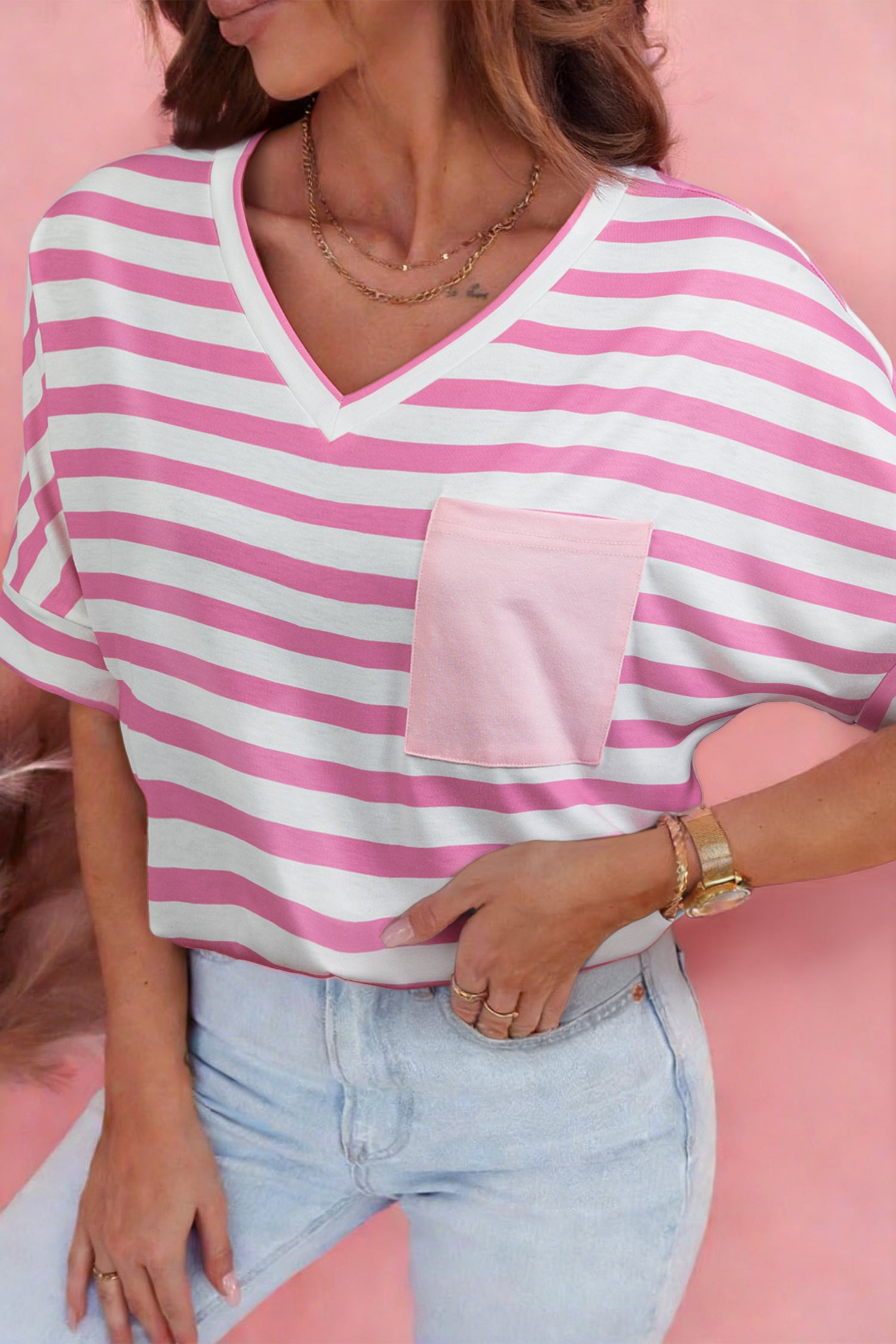 Pink Stripe V Neck Patched Pocket Casual T Shirt - Cowaa