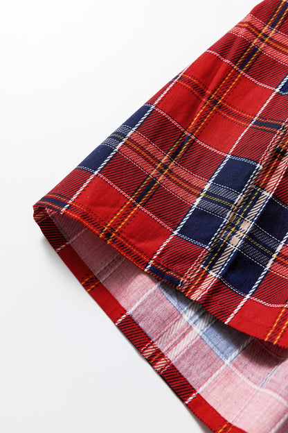 Red Plaid Print Frilly Collar Long Sleeve Shift Mini Dress - Cowaa