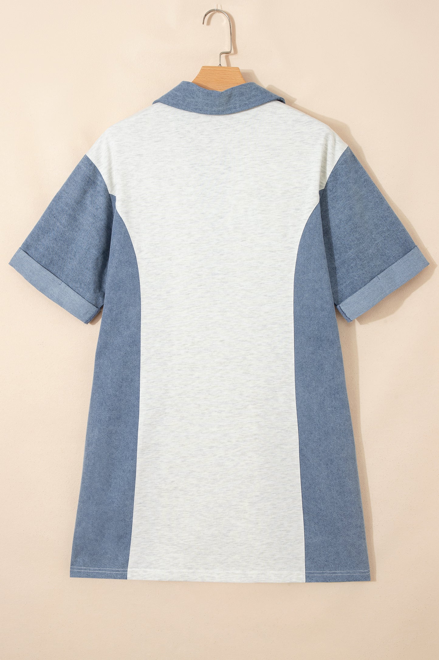 Light Grey Denim Color Block Patchwork Button Polo Collar T Shirt Tunic Dress - Cowaa