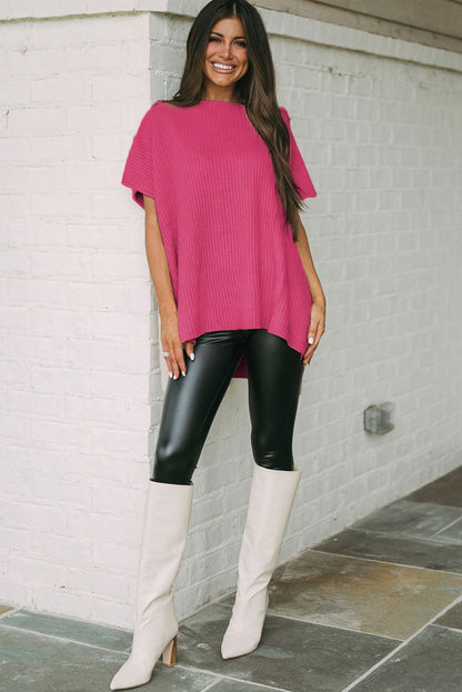 Rose Red Side Slit Short Sleeve Oversized Sweater - Cowaa
