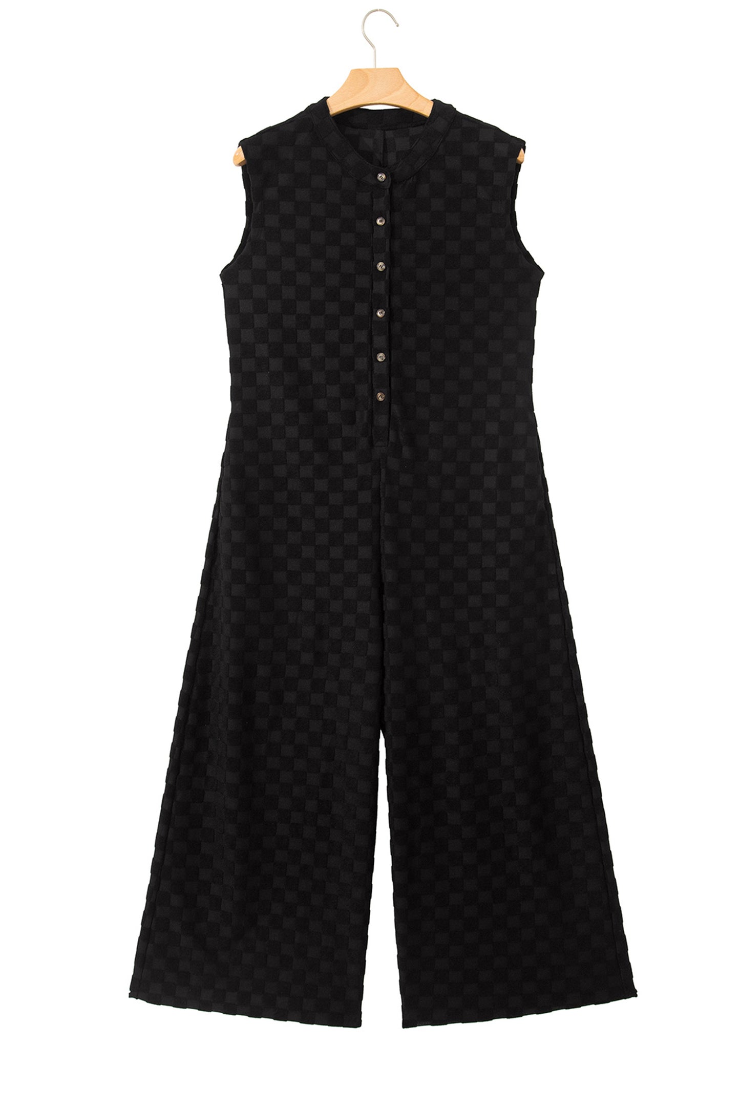 Black Half Buttons Sleeveless Wide Leg Textured Jumpsuit - Cowaa