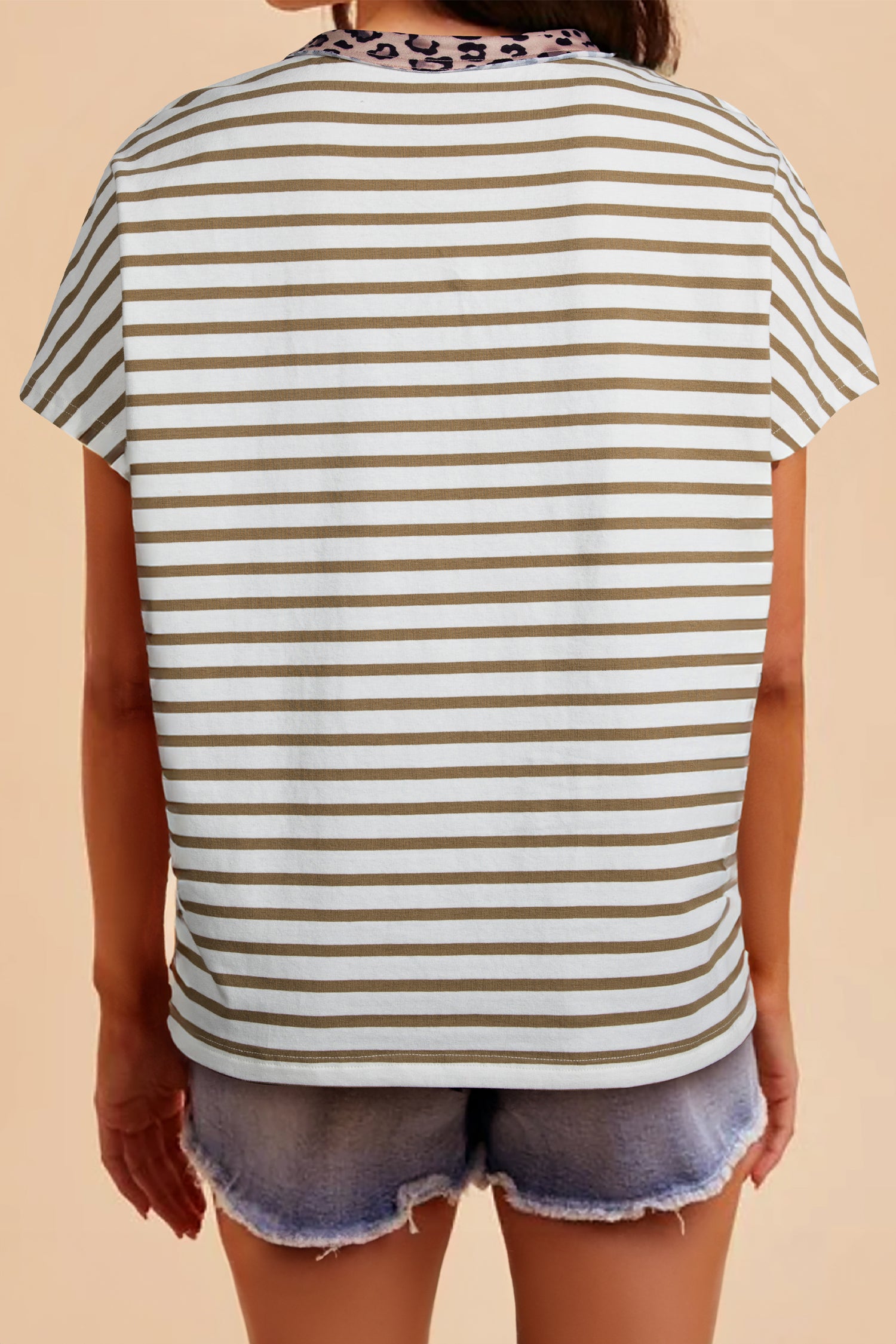 Khaki Stripe Leopard Patchwork Round Neck Loose T Shirt - Cowaa