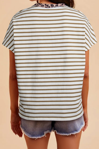 Khaki Stripe Leopard Patchwork Round Neck Loose T Shirt - Cowaa