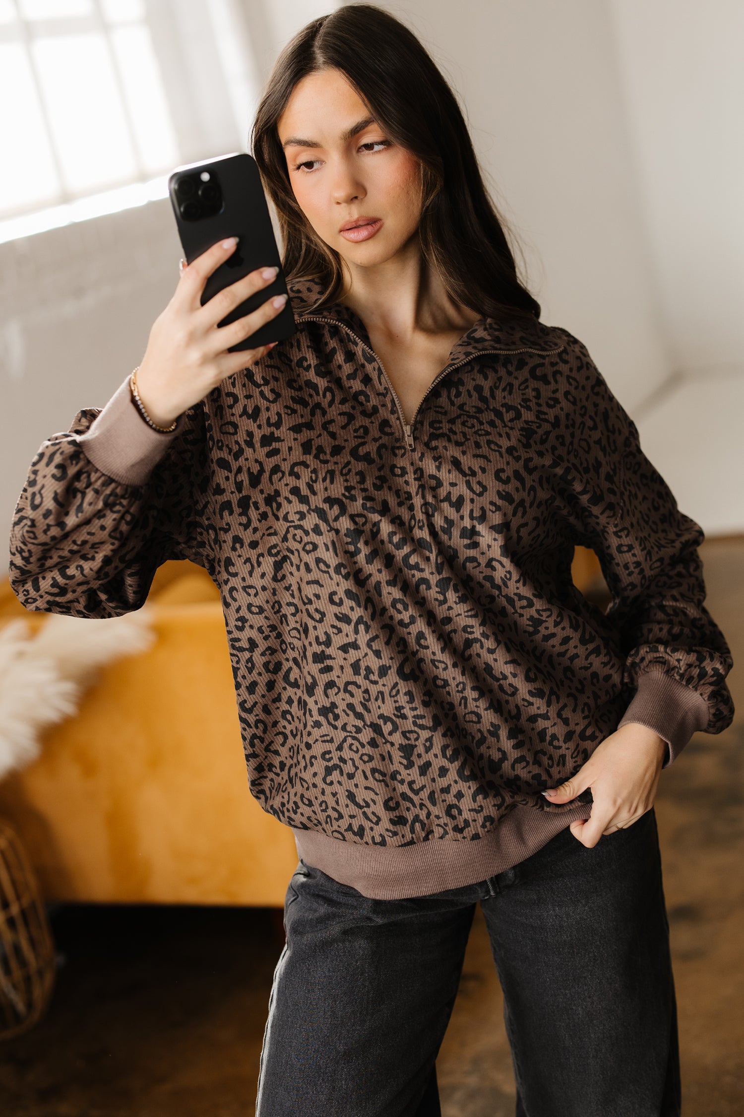 Brown Leopard Print Quarter Zip Corduroy Sweatshirt - Cowaa