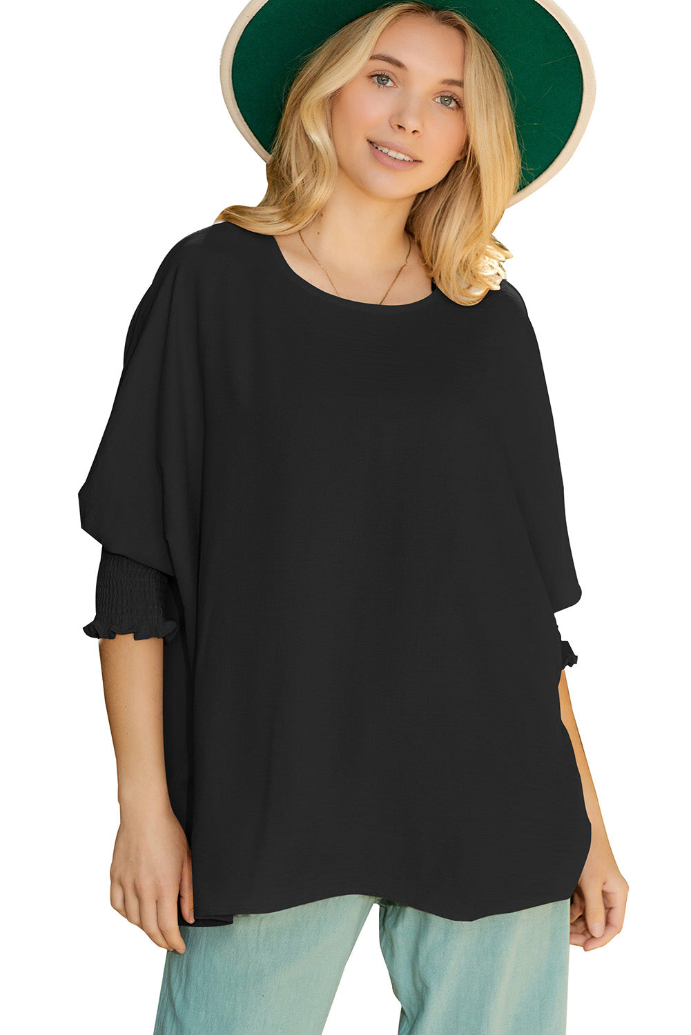 Apricot Solid Casual Smocked Cuffs Batwing Sleeve Blouse - Cowaa