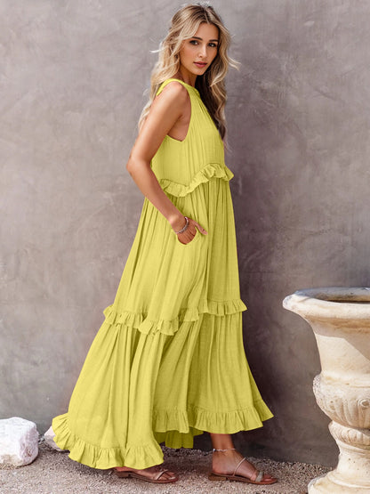 Ruffled Sleeveless Tiered Maxi Dress with Pockets - Cowaa