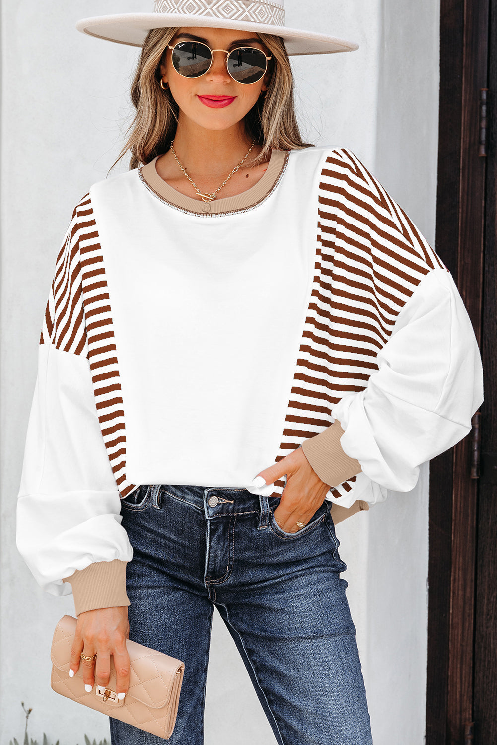 Brown Stripe Colorblock Patchwork Contrast Stitching Oversize Sweatshirt - Cowaa