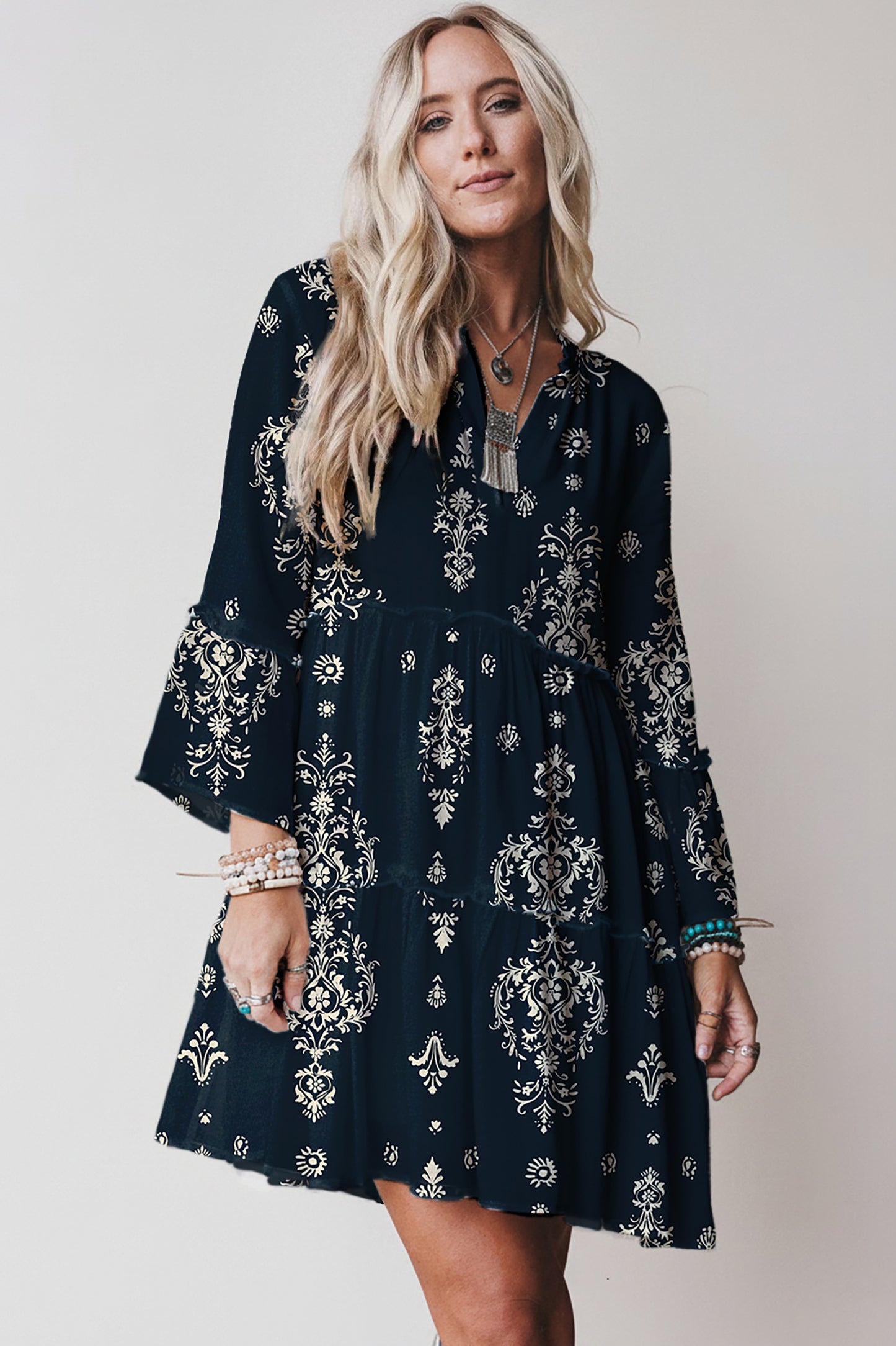 Blue Boho Floral Print Lettuce Trim 3/4 Sleeve Mini Dress - Cowaa