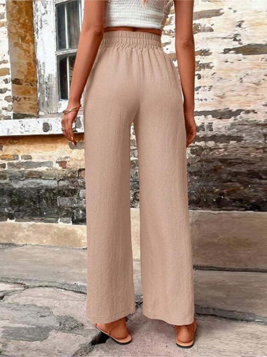 Tied High Waist Wide Leg Pants with Pockets - Cowaa