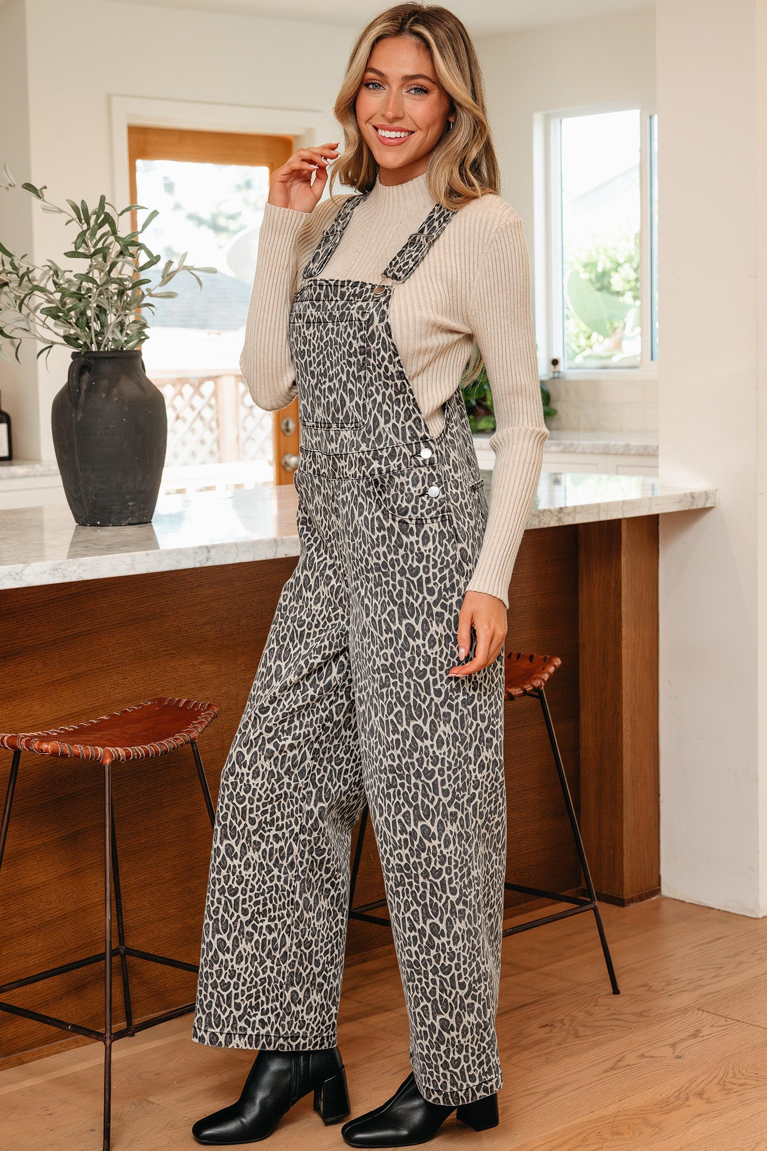 Brown Leopard Print Straight Leg Loose Denim Overall Jumpsuit - Cowaa