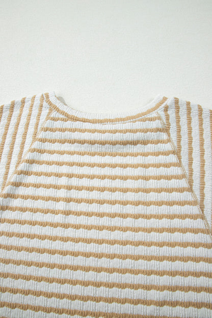Apricot Stripe Plus Size Textured Patchwork Detail Half Sleeve Top