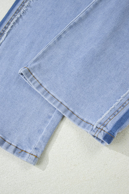 Beau Blue Contrast Stripe Frayed Side Panel Patchwork Shift Jeans - Cowaa