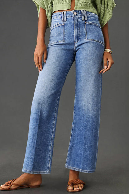 Dusk Blue Loose Straight Leg Cropped High Waist Jeans - Cowaa