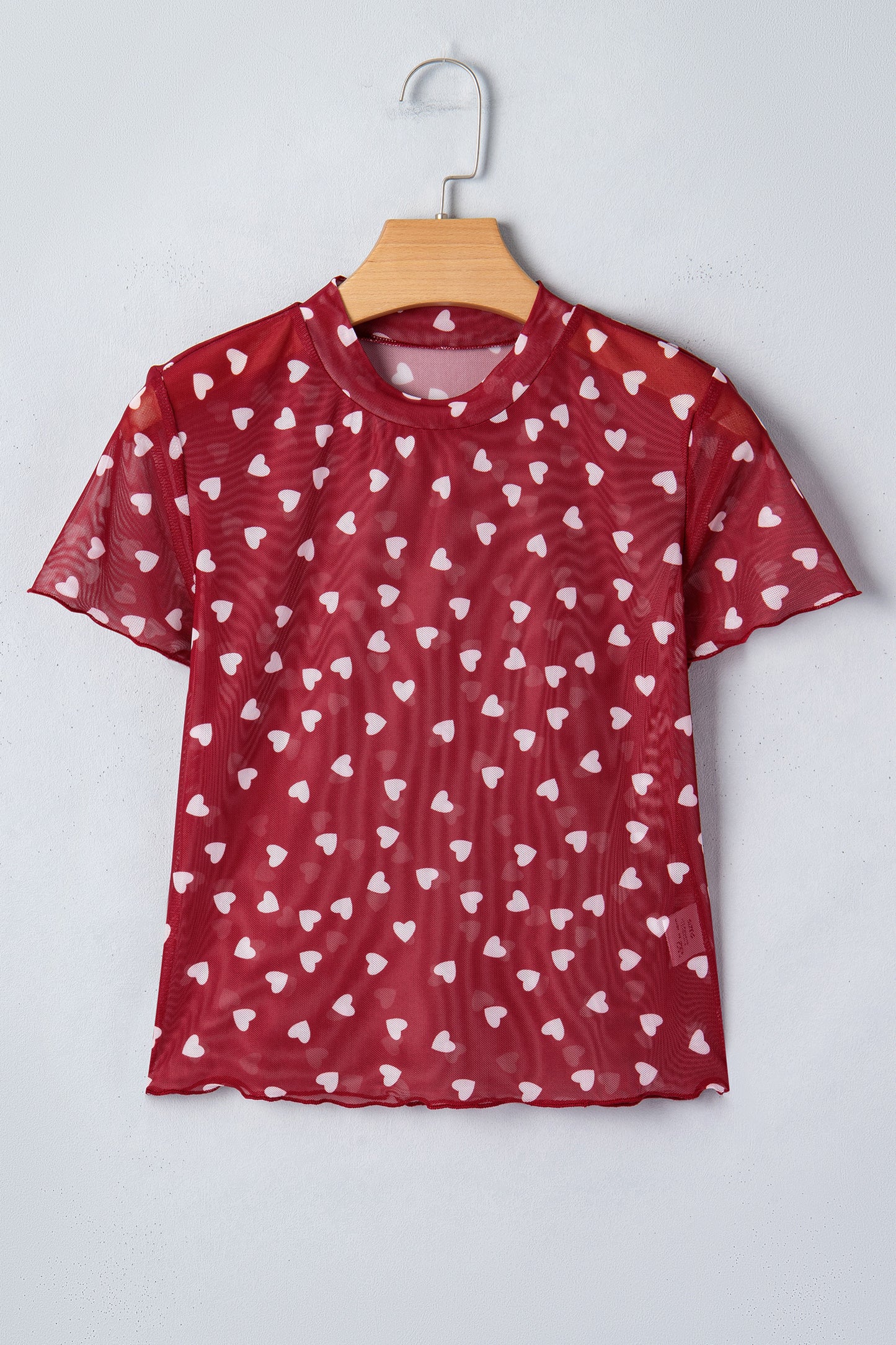 Racing Red Allover Heart Print Mesh Short Sleeve Top - Cowaa