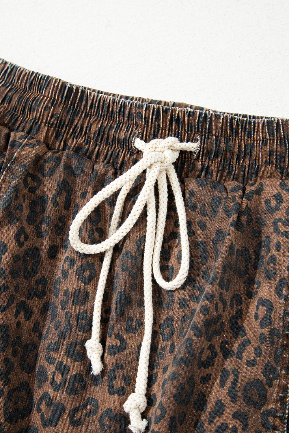 Brown Leopard Print Elastic Waist Drawstring Denim Skort - Cowaa