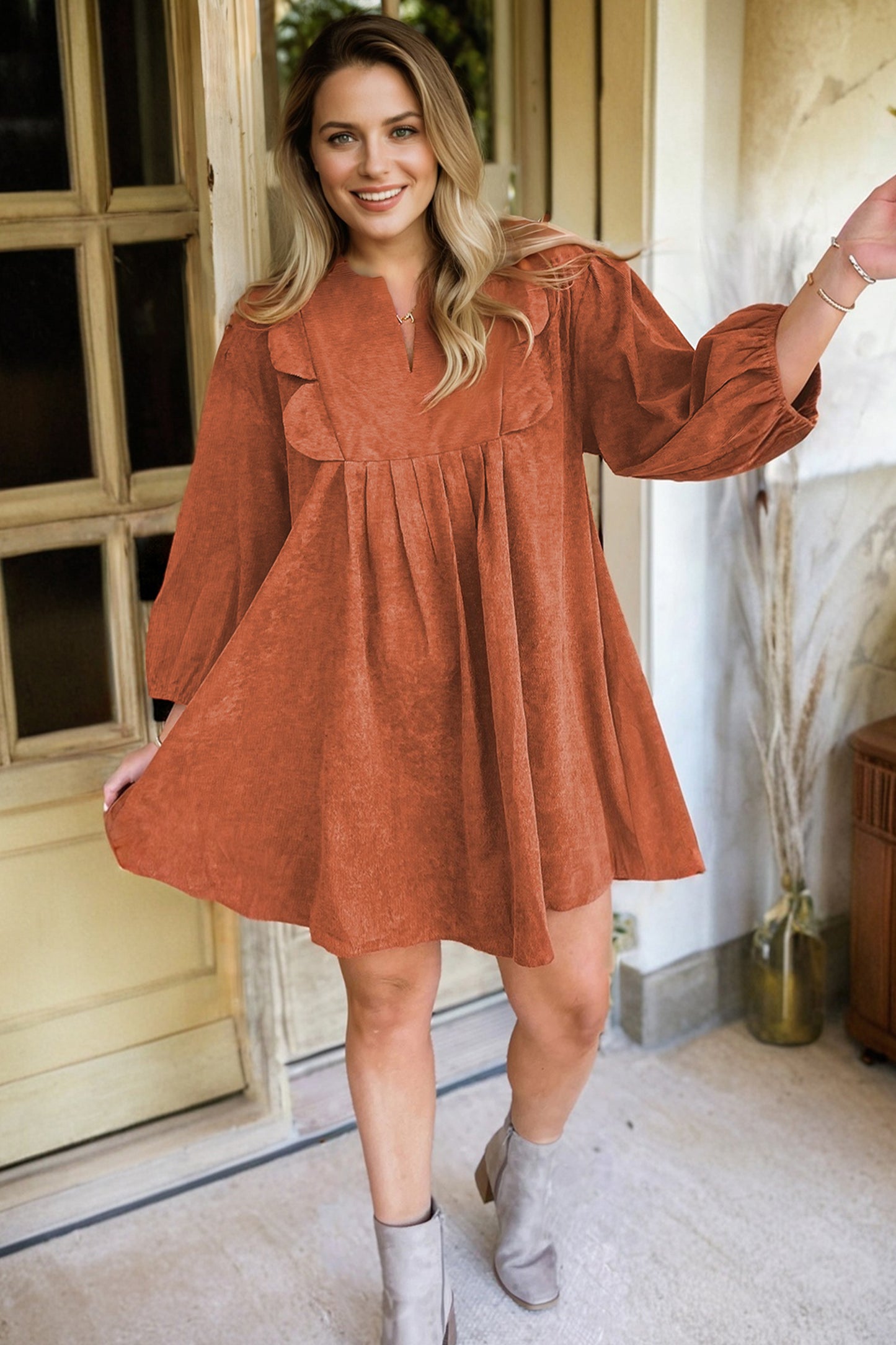 Cinnamon Bracelet Sleeve Split Neck Scallop Detail Pleated Corduroy Mini Dress - Cowaa