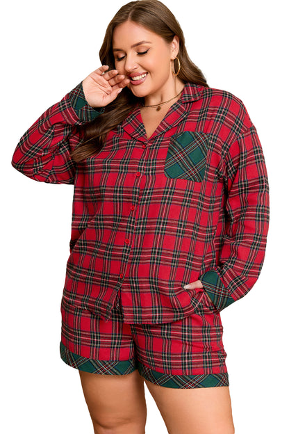 Red Plus Size Plaid Contrast Patchwork Long Sleeve Shirt and Shorts 2pcs Pajama Set - Cowaa