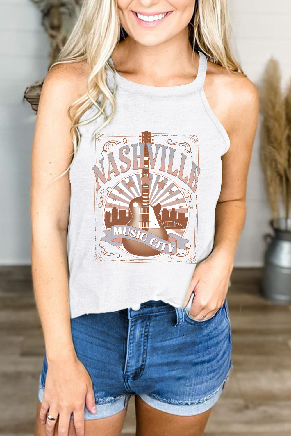 White NASHVILLE MUSIC CITY Guitar Graphic Tank Top - Cowaa