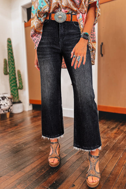Sail Blue Mineral Wash Raw Hem High Waist Flared Jeans - Cowaa