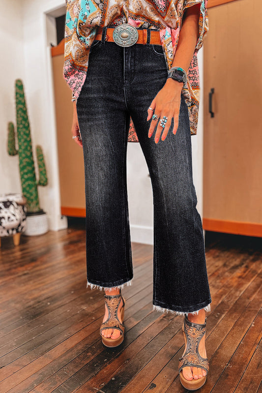 Sail Blue Mineral Wash Raw Hem High Waist Flared Jeans - Cowaa