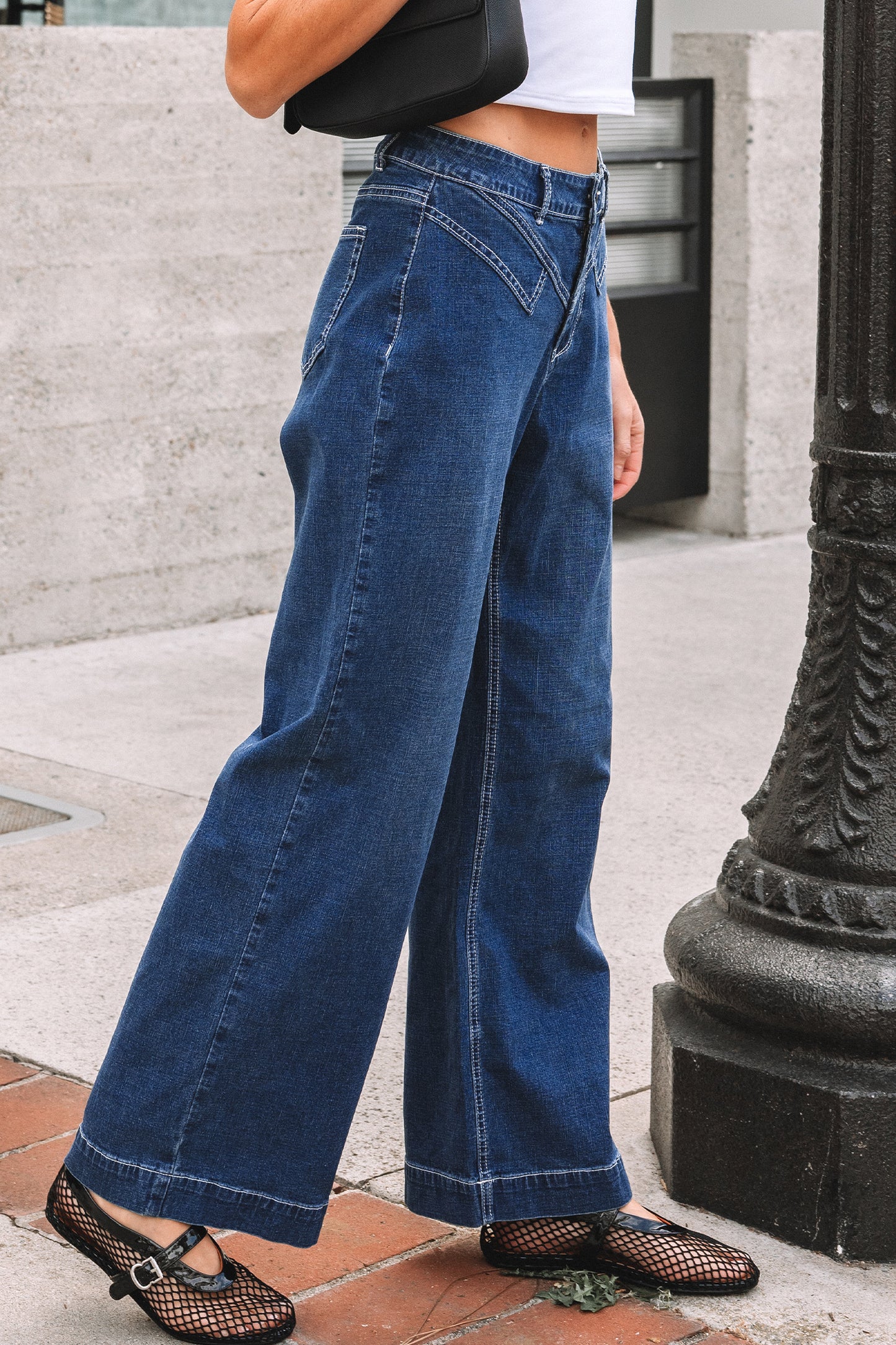 Sail Blue Stitched Waist Detail Loose Cuffed Jeans - Cowaa