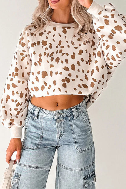Brown Leopard Print Dropped Shoulder Round Neck Casual Sweatshirt