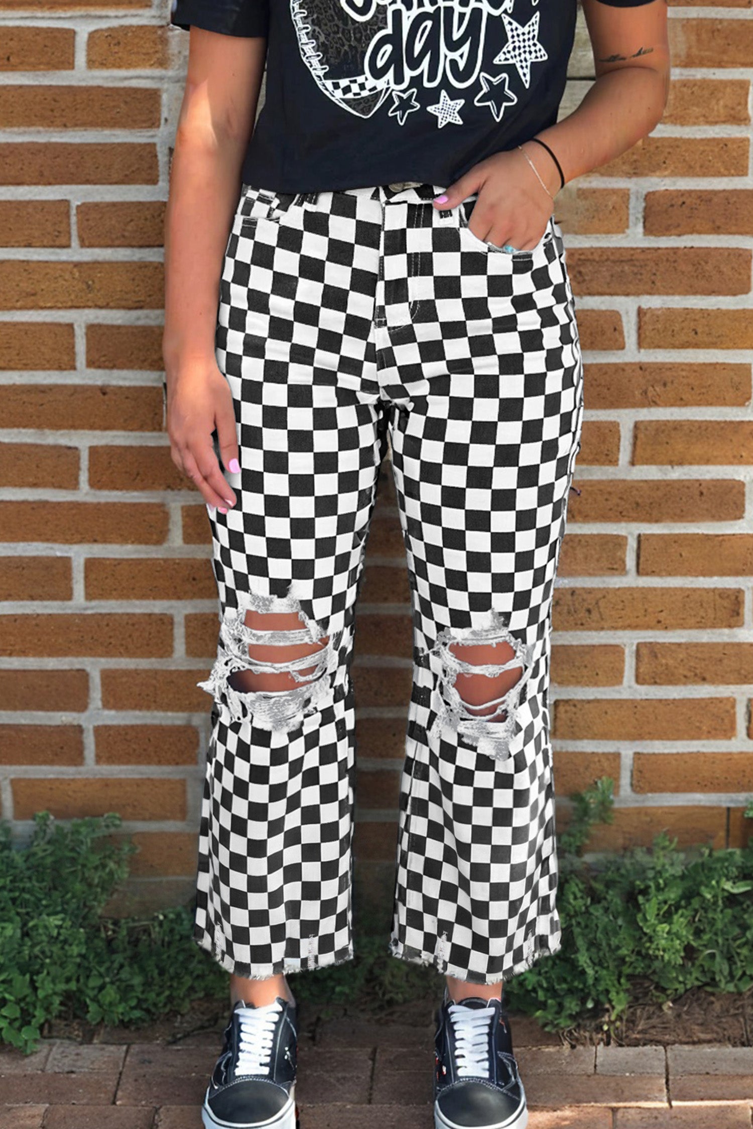 Black Checkerboard Print Distressed Holes Raw Edge Cropped Jeans - Cowaa