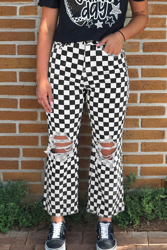 Black Checkerboard Print Distressed Holes Raw Edge Cropped Jeans - Cowaa