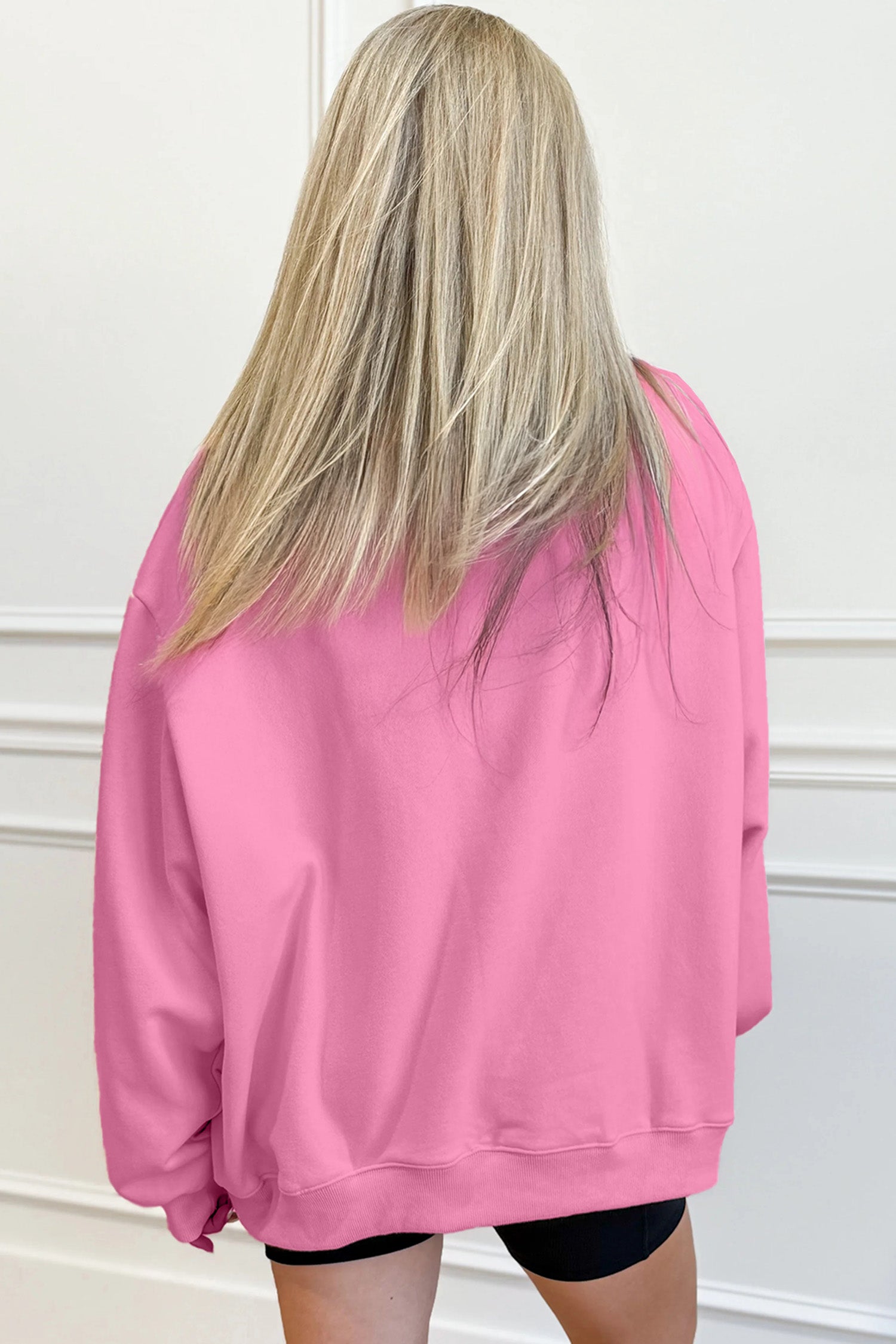 Bright Pink Oversize Blessed Embroidered Mock Neck Sweatshirt - Cowaa