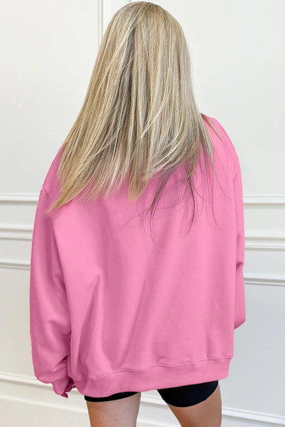 Bright Pink Oversize Blessed Embroidered Mock Neck Sweatshirt - Cowaa