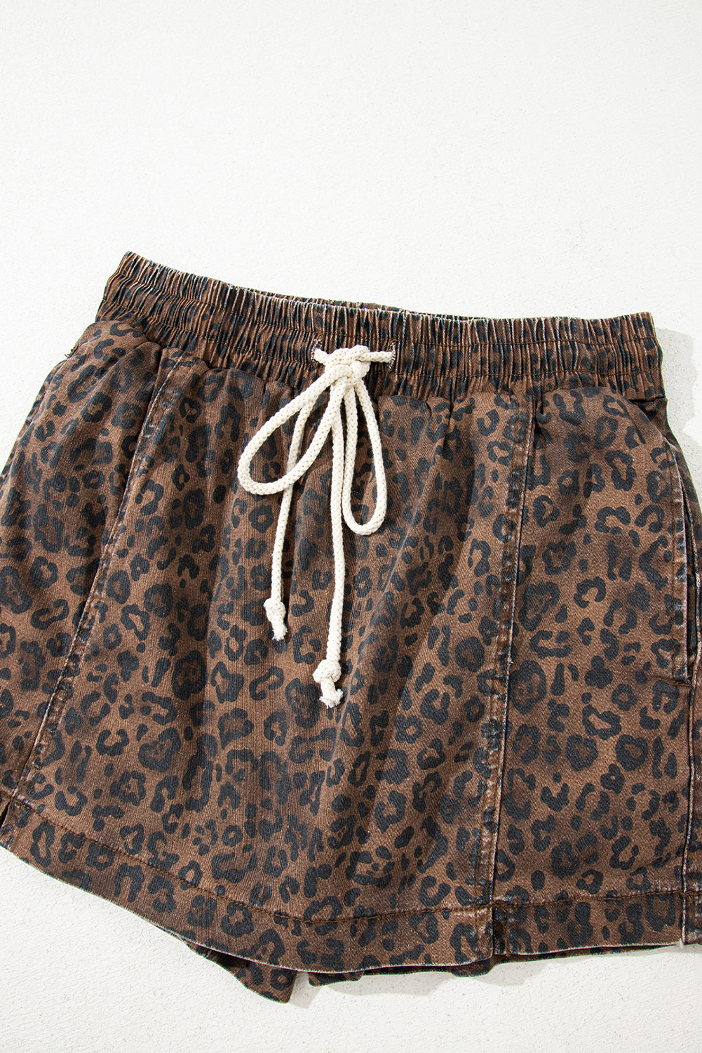 Brown Leopard Print Elastic Waist Drawstring Denim Skort - Cowaa